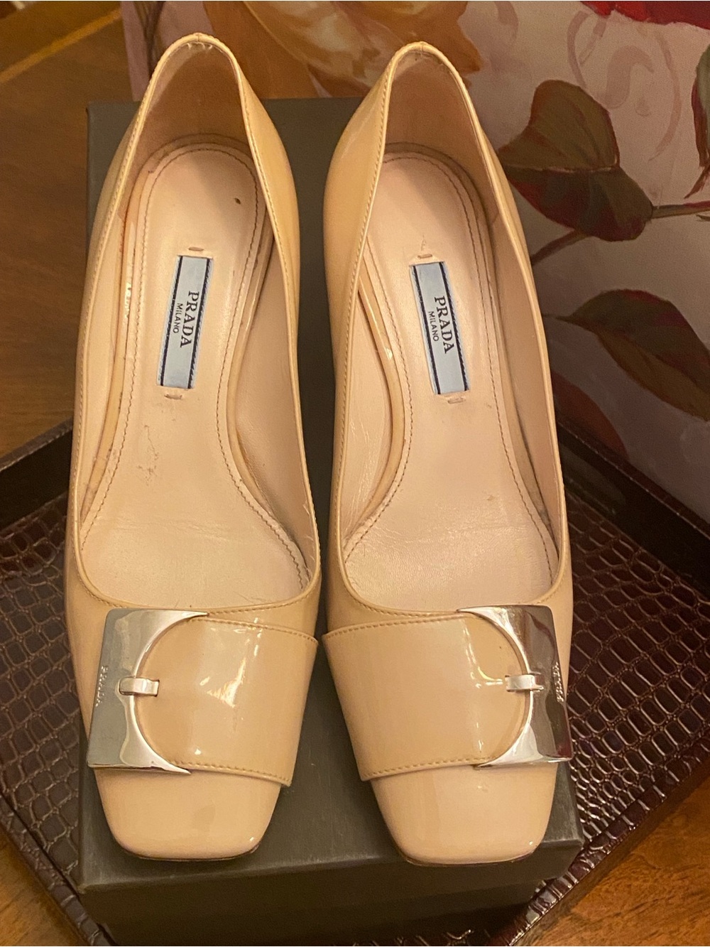 Prada Milano Patent Leather Nude Low Heel Pumps w/Buckle, Sz. 35, Fair - Picture 10 of 13